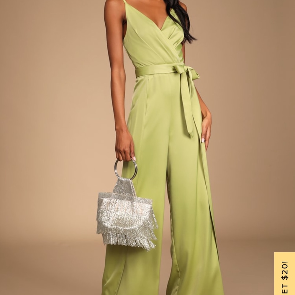 Classy Night Out Lime Green Satin Slit Leg Jumpsuit 
Lulus